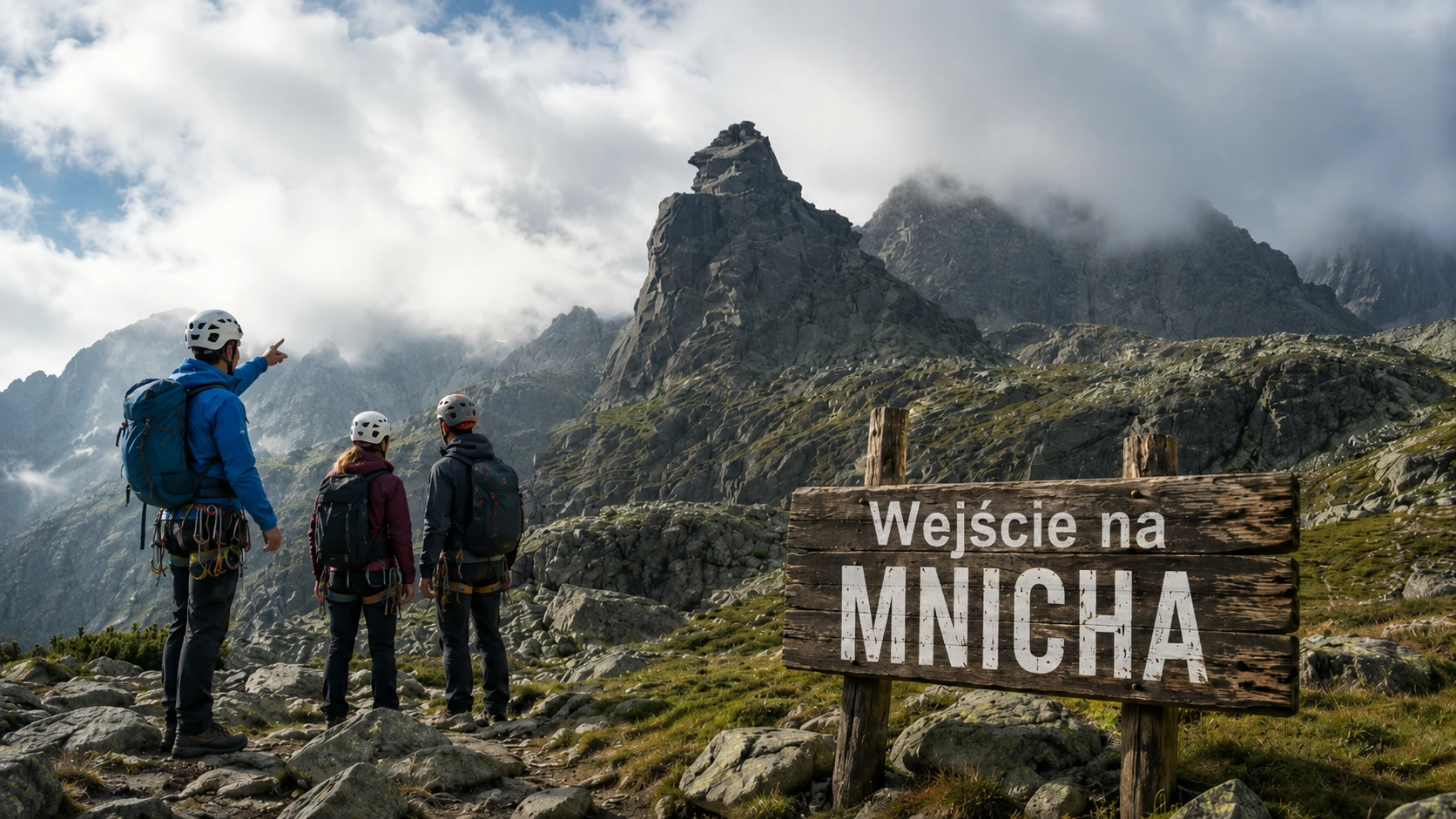 Zdjęcie przedstawia przewodnika górskiego i turystów podczas wyprawy w Tatry Wysokie, z widokiem na charakterystyczny szczyt Mnicha.