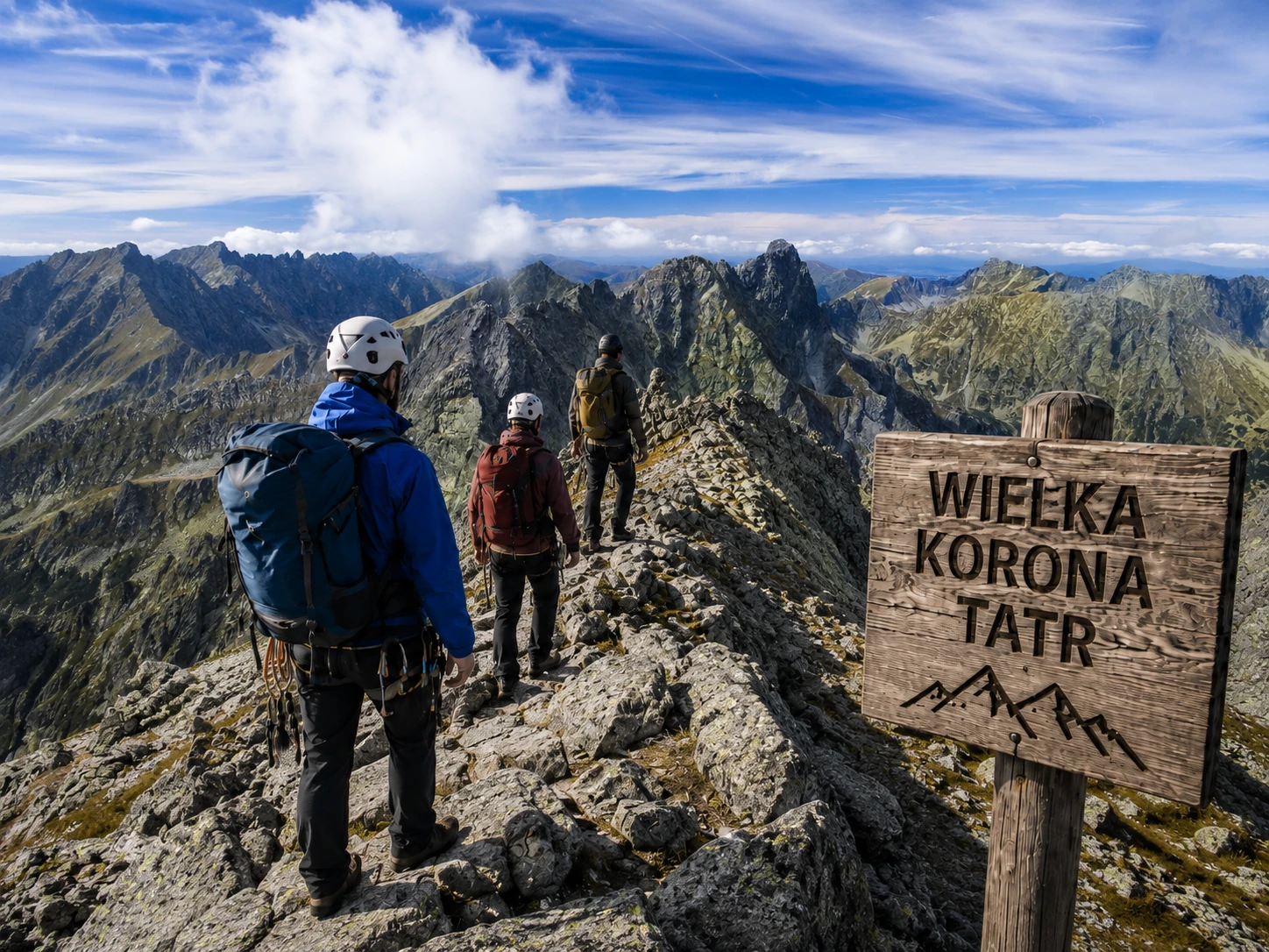 Wielka Korona Tatr – przewodnik i turyści na skalistej grani w Tatrach Wysokich